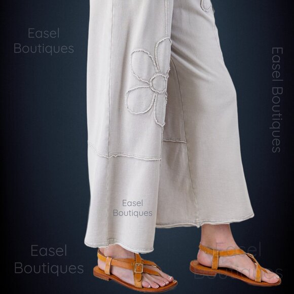EASEL “Flower Path” Mineral Washed Pants Wide Leg Cozy Relax Fit Raw Seams, Hems - Picture 4 of 14
